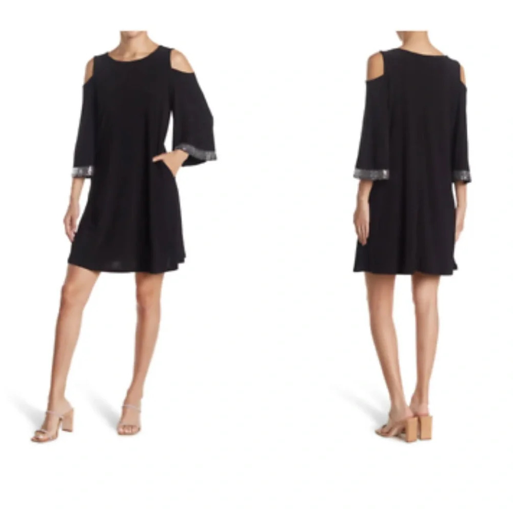 NWT Nina Leonard Sequin Cold Shoulder Dress Wine Size Small - Picture 3 of 9